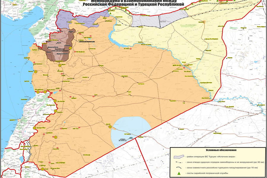Mapa difundido por Rusia el 23 de Octubre con detalle de los 15 puestos de observación sirios a establecerse en la frontera 
