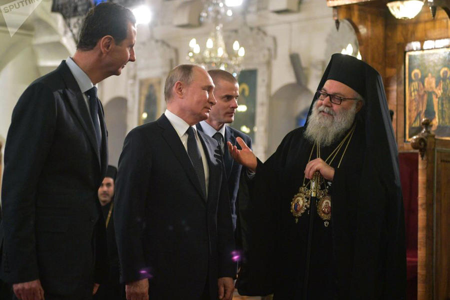Presidentes Asad y Putin se reúnen con el Patriarca de Antioquía y todo Oriente, Juan X Yazigi  |  Damasco, Enero 7, 2020 (Foto Sputnik / Alexey Druzhinin)