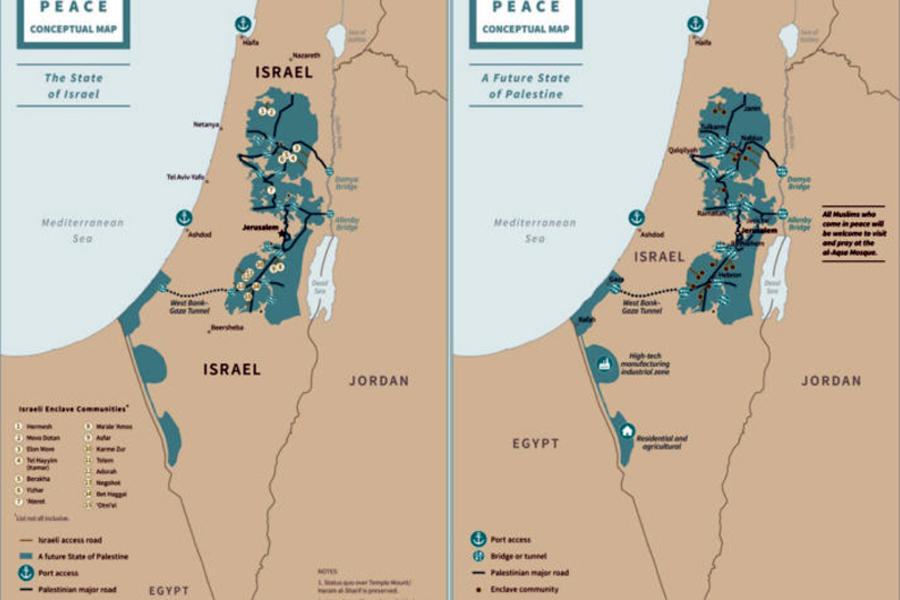 Propuesta de Trump en mapas donde se describen los "límites" del Estado palestino rodeado por Israel