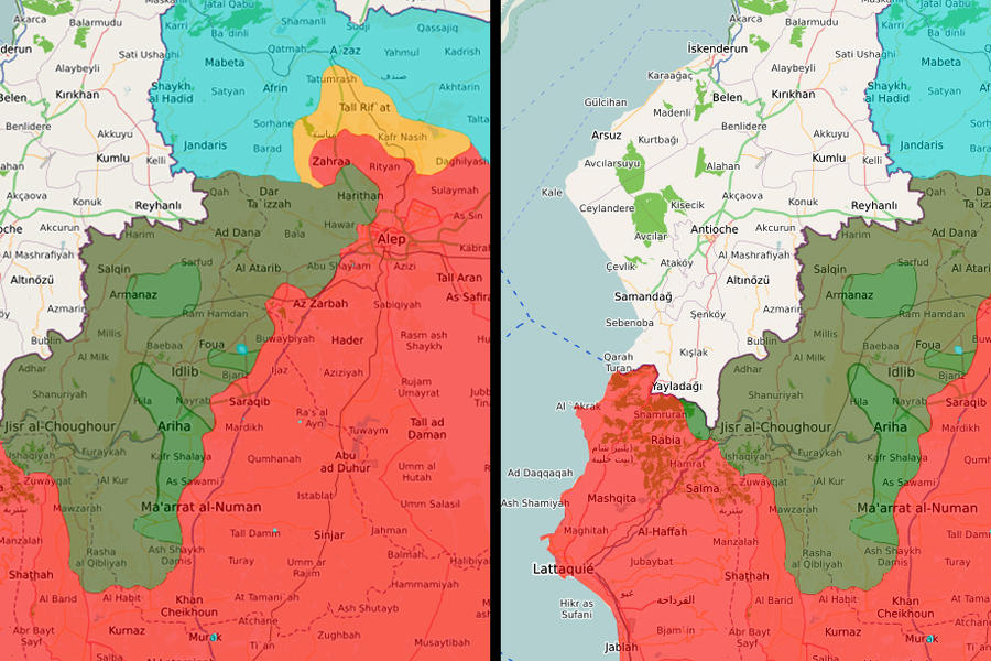 Situación en el cantón de Idleb: Mapas Comparativos  ►  Izquierda: Feb. 13, 2020 | Derecha: Feb. 17, 2020 (Mapas SCWMap - editado por DSL)