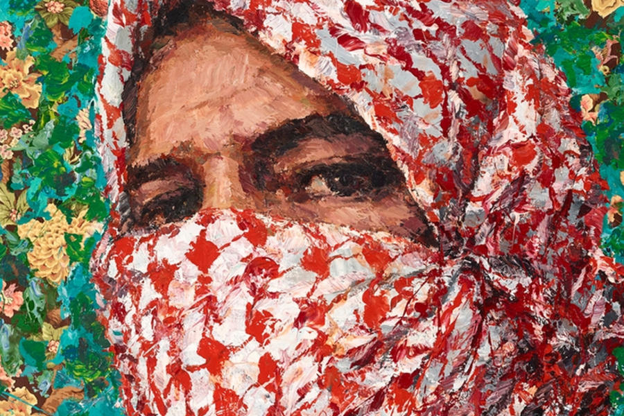 Ayman Baalbaki, Al Mulatham, acrílico sobre lienzo y tela impresa, 2013.