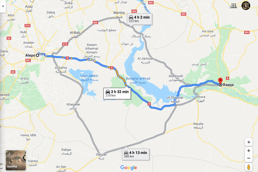 Detalle de Ruta Alepo-Raqqa y rutas alternativas