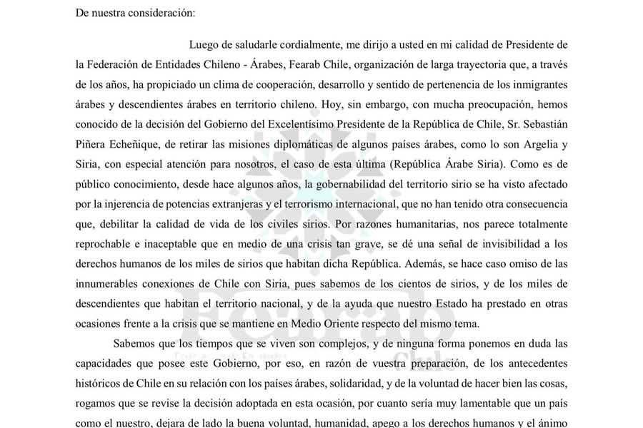 Carta de Fearab Chile al Canciller Teodoro Ribera Neumann