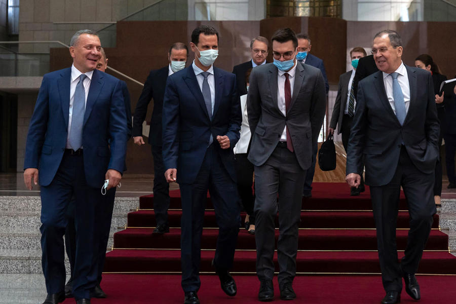 El presidente Asad recibe al viceprimer ministro ruso, Yuri Borisov (izq.), y al ministro de Relaciones Exteriores, Sergei Lavrov (der.) | Damasco. Septiembre 7, 2020 (Foto: SANA)
