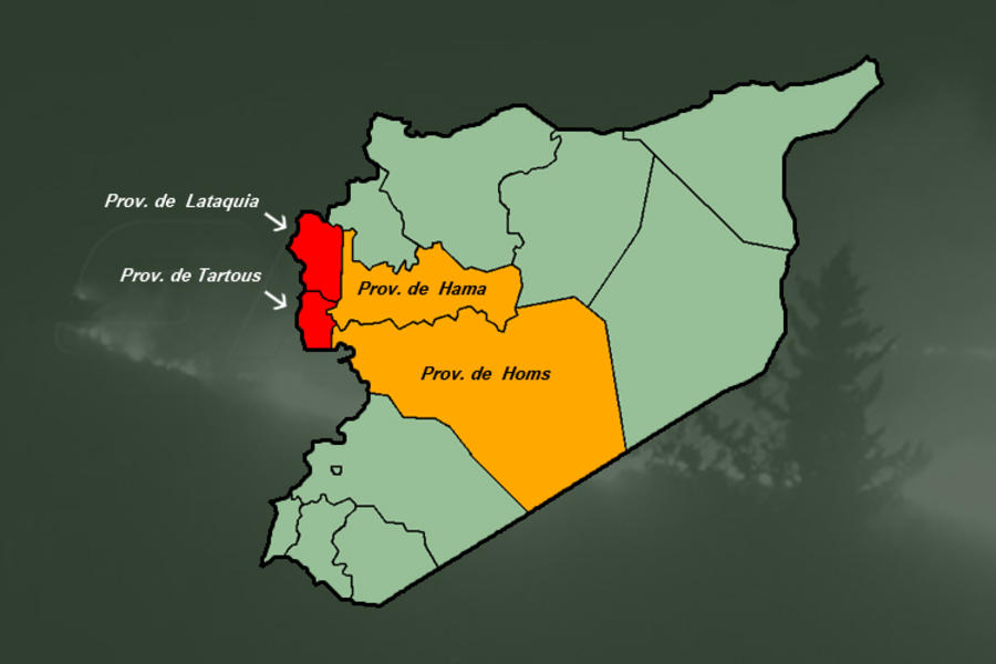 Provincias sirias afectadas: Lataquia y Tartous, ambas centros de los siniestros (en rojo); Homs y Hama (en naranja), afectadas en menor medida en ciertas áreas limítrofes con las provincias costeras