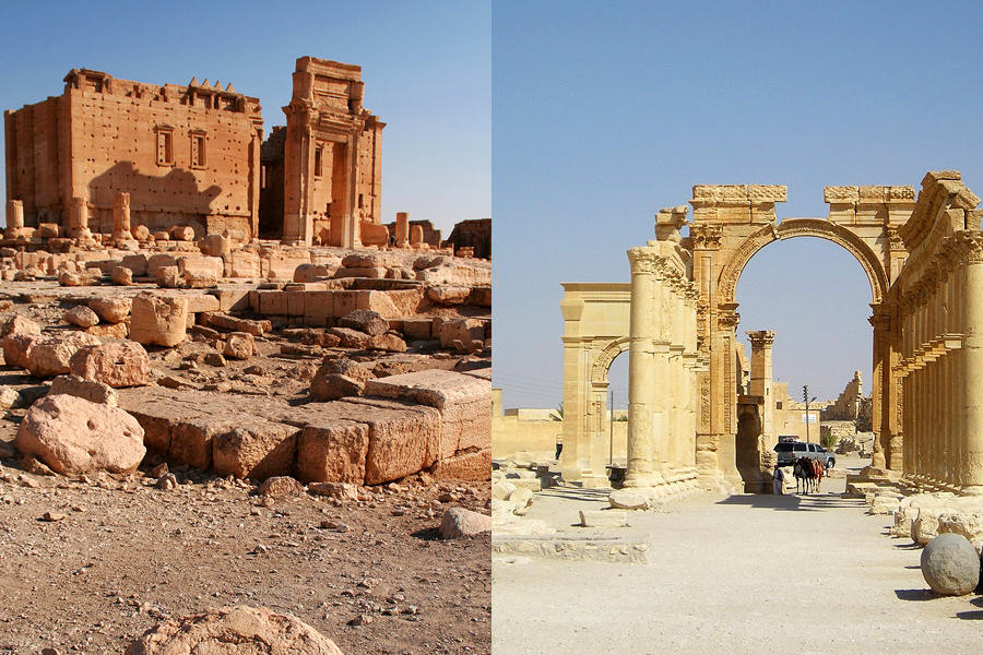 Monumentos de Palmira: Templo de Bel (izq.) y Arco del Triunfo (der.) | (Fotos: redes)