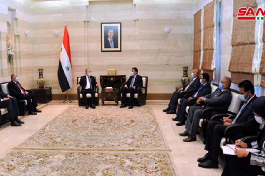 El primer ministro sirio, Husein Arnous, recibió al ministro iraquí de Recursos Hidricos, Mehdi Rashid al-Hamdani | Damasco, Julio 15, 2021 (Foto: SANA)
