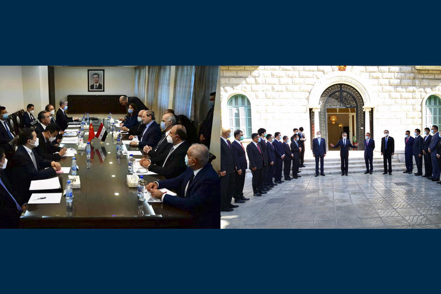 Izq.: encuentro de delegaciones y firma de acuerdos bilaterales | Der.: Wang Yi visitó la Embajada de China en Damasco