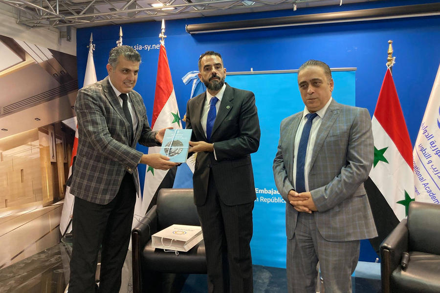 Exposición del Embajador Sebastián Zavalla sobre la cuestión Malvinas en la sede de la Syrian International Academy (SIA) | Damasco, Septiembre 23, 2021 (Foto: Embajada Argentina en Siria)