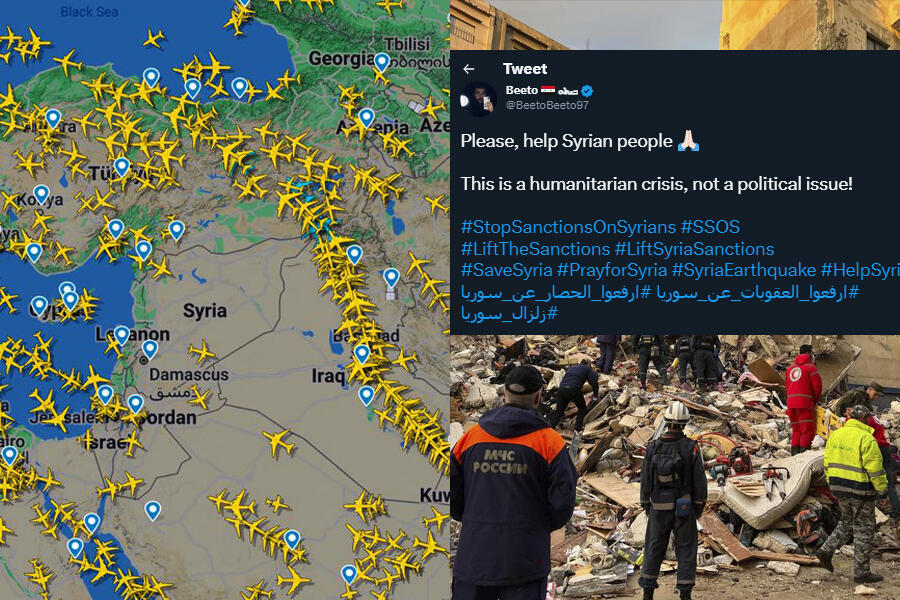 A la izquierda: mapa en tiempo real con la circulación de aviones en la zona / A la derecha: tweet pidiendo ayuda de un ciudadano sirio / Fondo: rescate de la defensa civil rusa y siria en edificio de Jableh, en el que están enterradas bajo los escombros 18 familias y más de 15 niños (Fotos: redes)