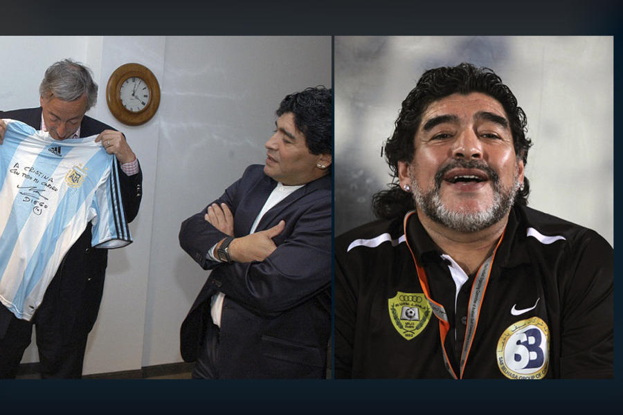 Izq.: El ex Presidente Néstor Kirchner junto a Diego Maradona (Foto: Presidencia de la Nación Argentina / Wikimedia Commons) | Der.: Diego Maradona (Foto: Doha Stadium Plus Qatar - Creative Commons)