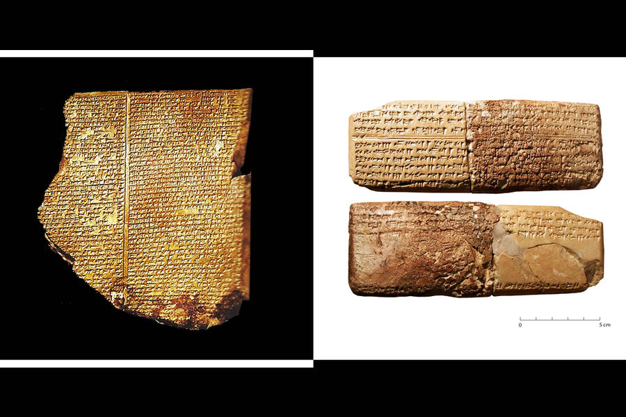 Izq.: 11ª tablilla de la Epopeya de Gilgamesh | Der.: Tablillas asirias de la mas antigua melodía compuesta por el ser humano. (Fotos: redes / Ilustración: DSL)