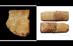 Izq.: 11ª tablilla de la Epopeya de Gilgamesh | Der.: Tablillas asirias de la mas antigua melodía compuesta por el ser humano. (Fotos: redes / Ilustración: DSL)