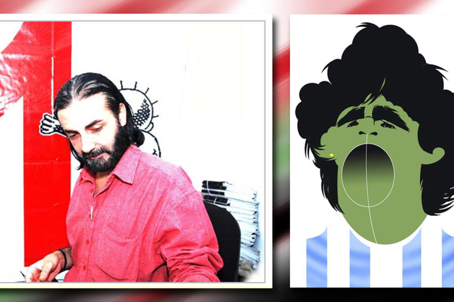 Raed Khalil (izq.) y su caricatura de Diego Armando Maradona, una de las ganadoras en el concurso de la revista suiza Tshutti Heftli.