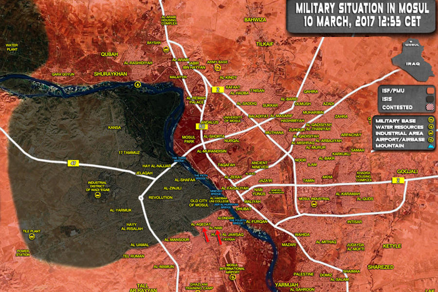 Situación en la ciudad de Mosul, Marzo 10, 2017 (Mapa Southfront).