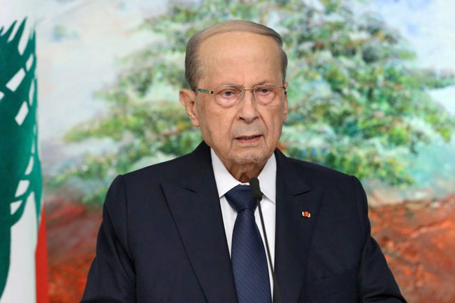 El presidente de Líbano, Michel Aoun, mientras se dirigía a la Asamblea General de las Naciones Unidas a través de un mensaje de video grabado, 24 de septiembre de 2021, en Baabda, Líbano. Foto: Reuters.