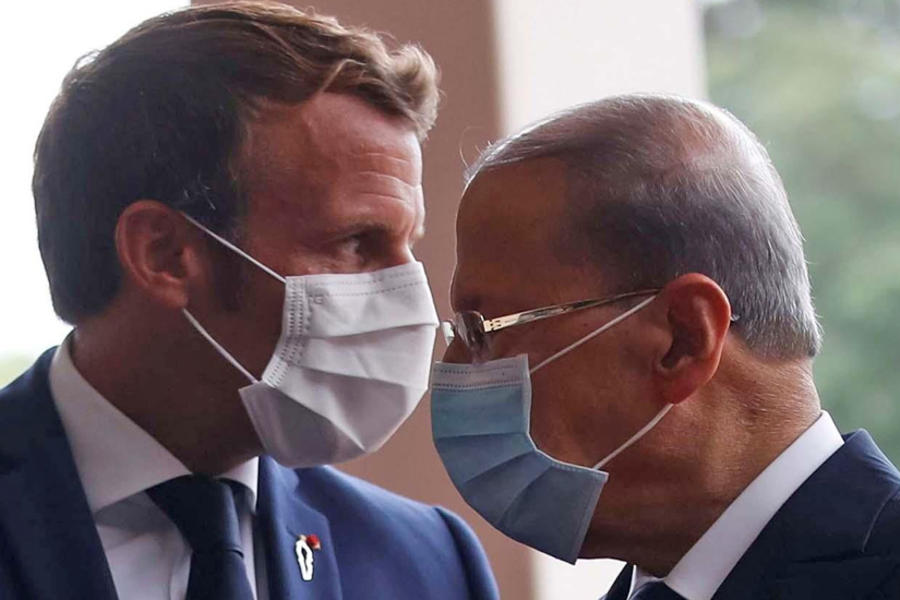 Emmanuel Macron y el presidente libanés, Michel Aoun, en Baabda, Beirut. Foto: AFP.