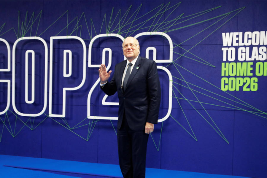 El primer ministro libanés, Najib Mikati, llega a la cumbre de la Cop26 en Glasgow. Foto: AFP
