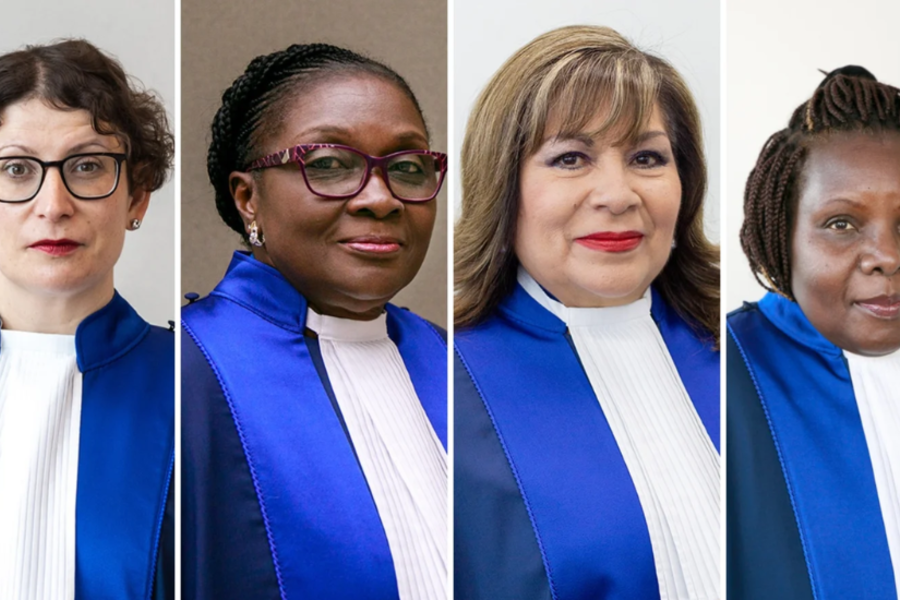 (De izquierda a derecha) Las juezas de la Corte Penal Internacional Beti Hohler, Reine Alapini-Gansou, Luz del Carmen Ibáñez Carranza y Solomy Balungi Bossa. (Corte Penal Internacional)