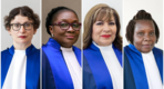 (De izquierda a derecha) Las juezas de la Corte Penal Internacional Beti Hohler, Reine Alapini-Gansou, Luz del Carmen Ibáñez Carranza y Solomy Balungi Bossa. (Corte Penal Internacional)