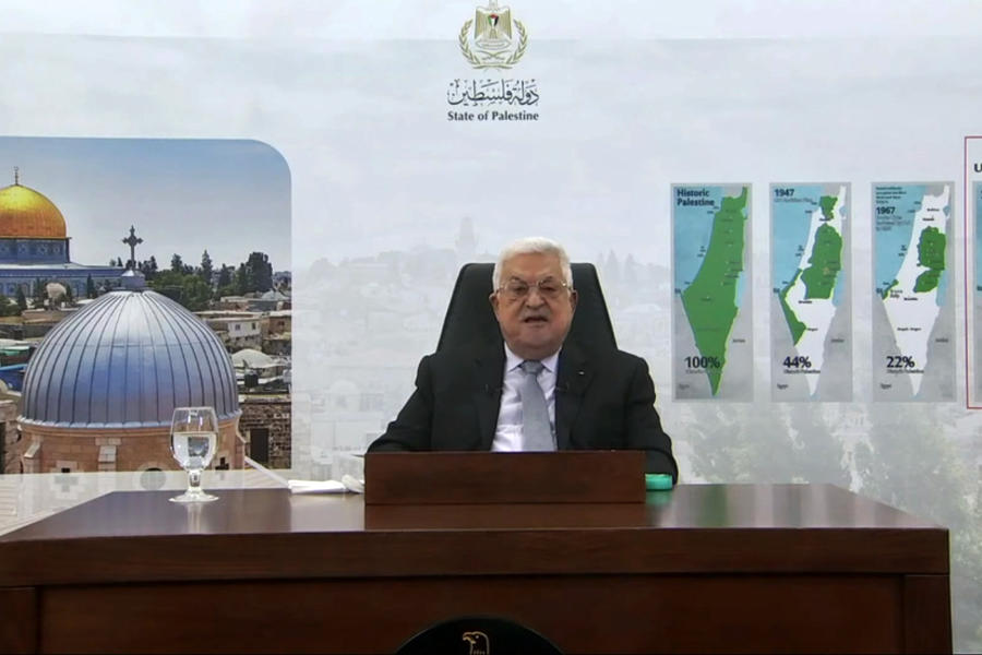 El presidente palestino Mahmoud Abbas se dirige de forma remota a la 76ª sesión de la Asamblea General de las Naciones Unidas en un mensaje pregrabado, el 24 de septiembre de 2021, en la sede de la ONU en Nueva York.  Foto: ONU.