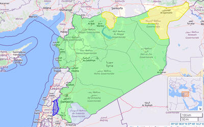 Nuevo mapa de control territorial en la República Árabe Siria luego de que el régimen de Sharaa recibiera amplias zonas del norte y este del país, de manos de las SDF kurdas (Imagen: Liveuamap)
