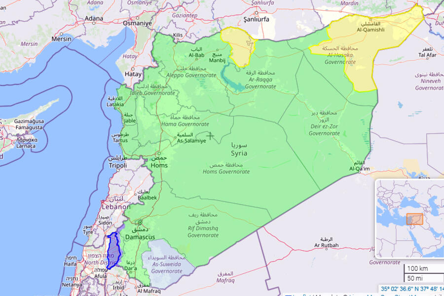 Nuevo mapa de control territorial en la República Árabe Siria luego de que el régimen de Sharaa recibiera amplias zonas del norte y este del país, de manos de las SDF kurdas (Imagen: Liveuamap)
