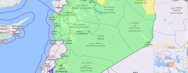 Nuevo mapa de control territorial en la República Árabe Siria luego de que el régimen de Sharaa recibiera amplias zonas del norte y este del país, de manos de las SDF kurdas (Imagen: Liveuamap)
