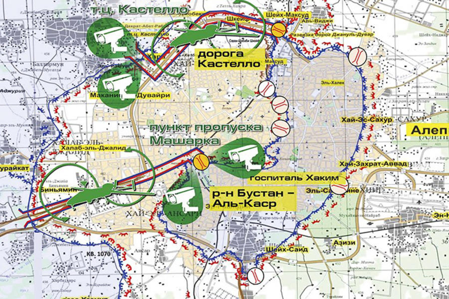 Mapa del Ministerio de Defensa de Rusia, mostrando los 8 corredores establecidos así como la ubicación de cámaras especiales y dispositivos de monitoreo.