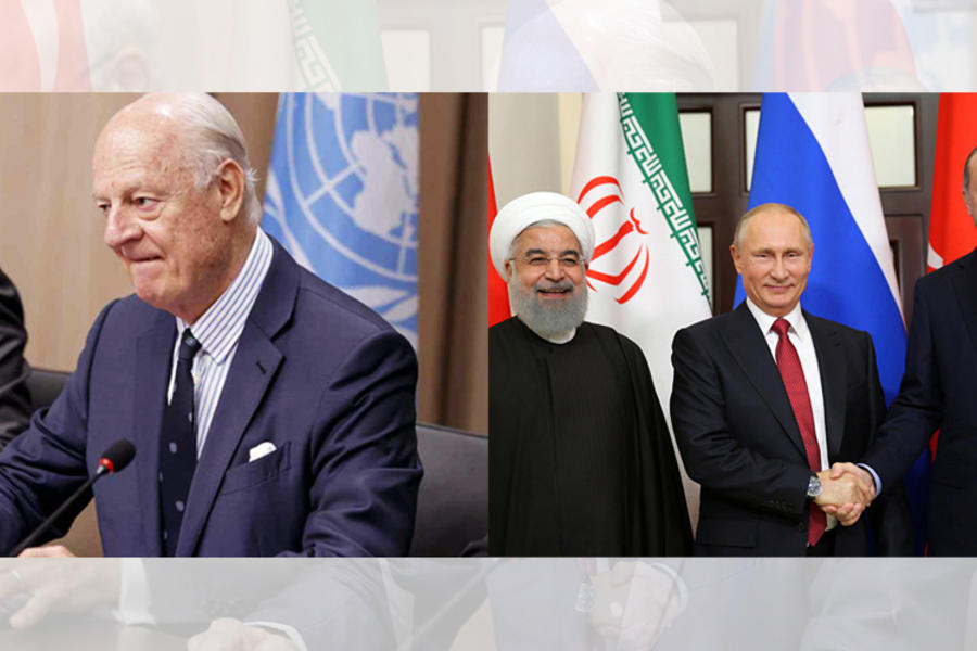 Izq.: Enviado Especial de la ONU para Siria, Staffan de Mistura (Foto AP) | Der.: Reunión tripartita de mandatarios de Rusia, Turquía e Irán - Sochi, Noviembre 22, 2017 (Foto REUTERS / Kayhan Ozer - Turkish Presidential Palace).