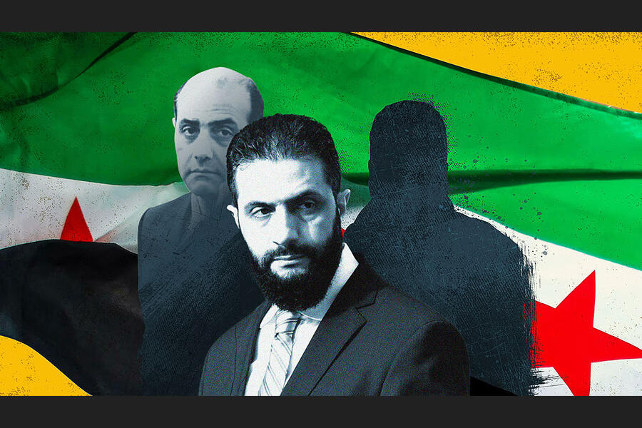 El autodesignado presidente de Siria, Ahmed al-Sharaa (centro), su hermano mayor, Hazem (izquierda) y un oscuro personaje extranjero (derecha) ► Ilustración fotográfica: Catherine Tai (Reuters) /// Fuente: Agencia de Prensa Saudí y Stephanie Lecocq (Reuters)