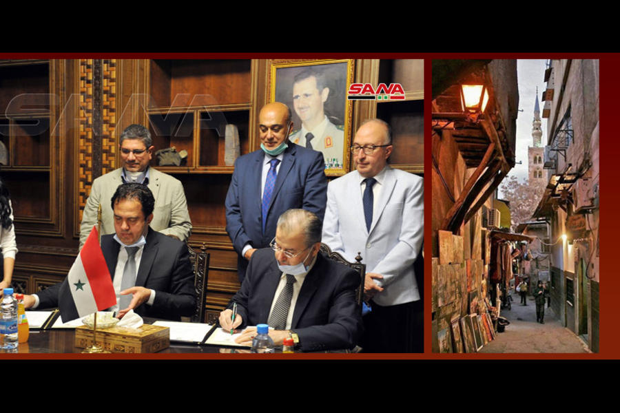 Izq.: autoridades firman convenio (Foto: SANA) | Der.: instantánea de la Ciudad Vieja de Damasco (Foto: redes)