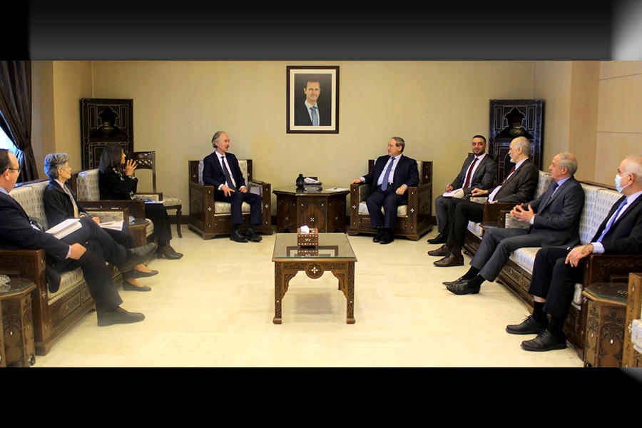 Encuentro entre el Ministro Faisal Mikdad y el Enviado de la ONU, Geir Pedersen en Damasco | Febrero 16, 2022 (Foto: Cancillería Siria)