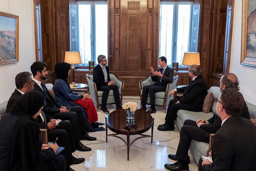 El presidente Bashar al-Asad recibe al canciller de Emiratos Árabes Unidos, jeque Abdallah bin Zayed Al Nahyan | Damasco, febrero 12, 2023 (Foto: Presidencia Siria)