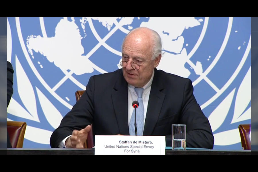 Staffan de Mistura durante conferencia de Prensa previa al encuentro de Ginebra VI (Ginebra, mayo 15, 2017).