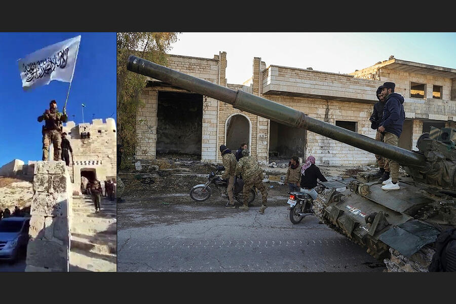 Izq: Terrorista ondea bandera de HTS en la ciudadela de Alepo (Foto: Redes) ||| Der: Terroristas sobre un tanque del Ejército al suroeste de Alepo | Noviembre 30, 2024 (Foto: AP)  