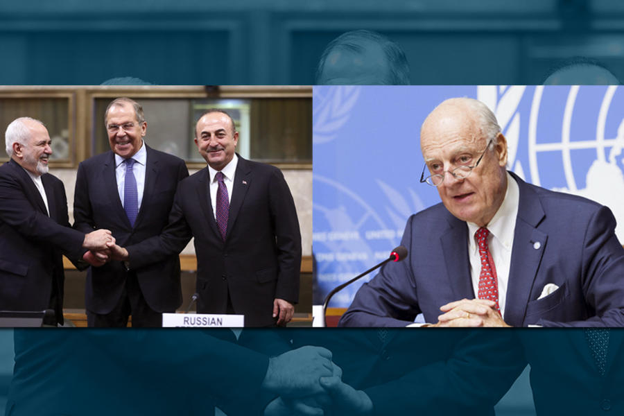 Ministros de Exteriores de Irán, Rusia y Turquía (izq.) y Enviado Especial de la ONU para Siria, Staffan de Mistura (der.) | Ginebra; Diciembre 18, 2018