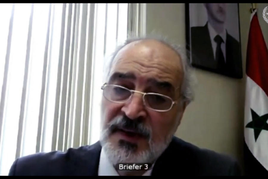 Representante Permanente de la República Árabe Siria, Dr. Bashar Al Jaafari, participando en la sesión en línea del CSNU (Junio 29, 2020)
