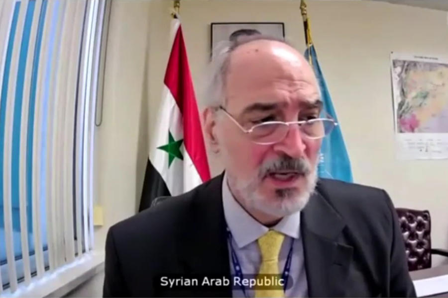 El viceministro de Relaciones Exteriores y Representante Permanente sirio ante la ONU, Dr. Bashar al-Jaafari, expone durante sesión del Consejo de Seguridad (CSNU). Febrero 3, 2021