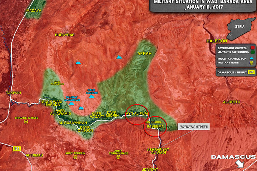 Area de Wadi Barada al noroeste de la capital siria. En verde las áreas bajo control de los extremistas (Mapa Southfront).
