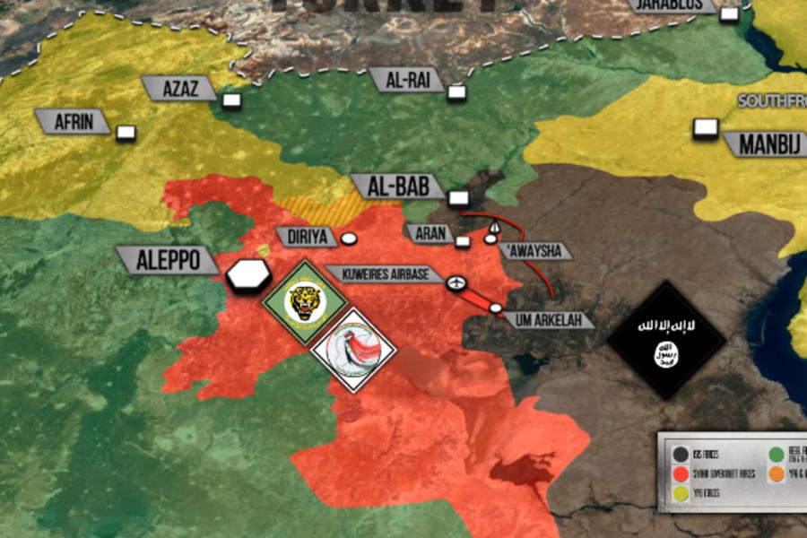 Frente de Al Bab (Prov. de Alepo). En rojo posiciones del EAS, en verde las posiciones de los armados Pro-turcos (Mapa SouthFront).