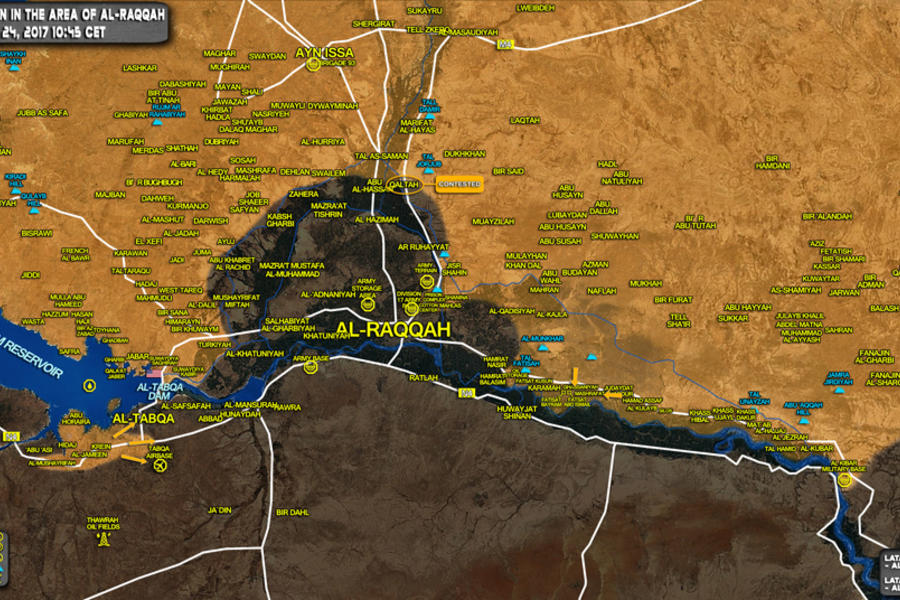 Frente de Raqqa (Prov. de Raqqa / Deir Ezzor), Marzo 24, 2017. Se observa el avance de kurdos SDF con apoyo de EEUU sobre DAESH - (Mapa SouthFront).