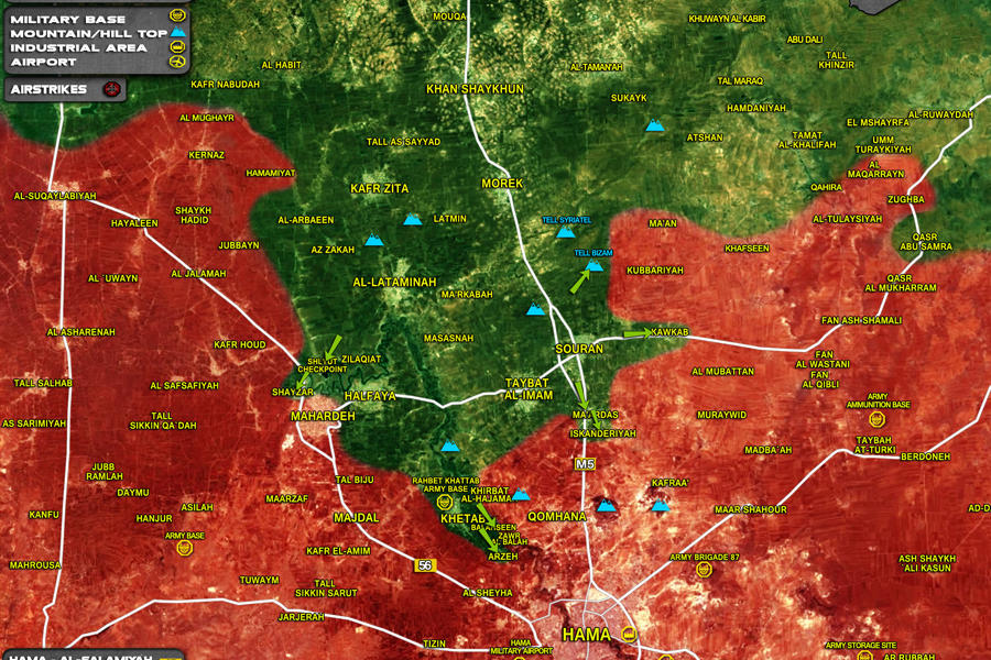 Frente norte de la Prov. de Hama, Marzo 23, 2017. Se observa el avance reciente de los terroristas liderados por Al Nusra (Al Qaeda) - (Mapa SouthFront).