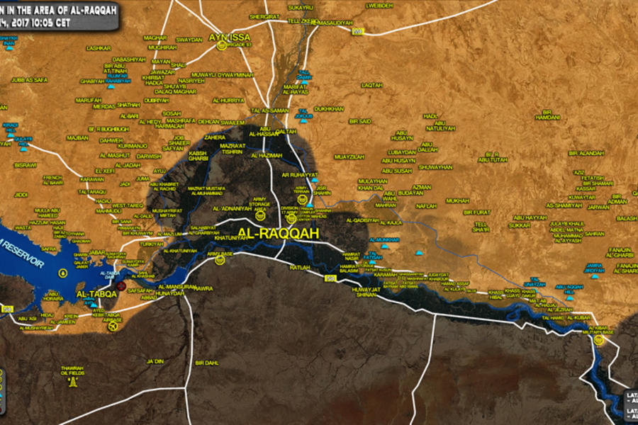 Frente de Raqqa, (Prov. de Raqqa / Deir Ezzor), Abril 14, 2017. Se observa el avance de kurdos SDF sobre DAESH - (Mapa SouthFront).