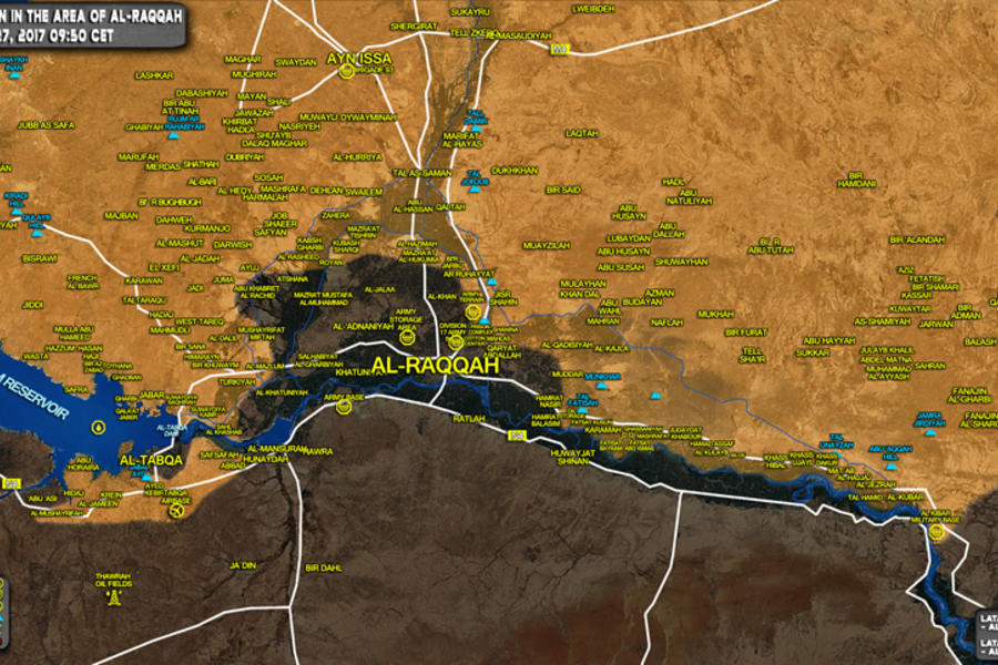 Frente de Raqqa (Prov. de Raqqa / Deir Ezzor), Abril 27, 2017. Se observa el avance de kurdos SDF sobre DAESH - (Mapa SouthFront).