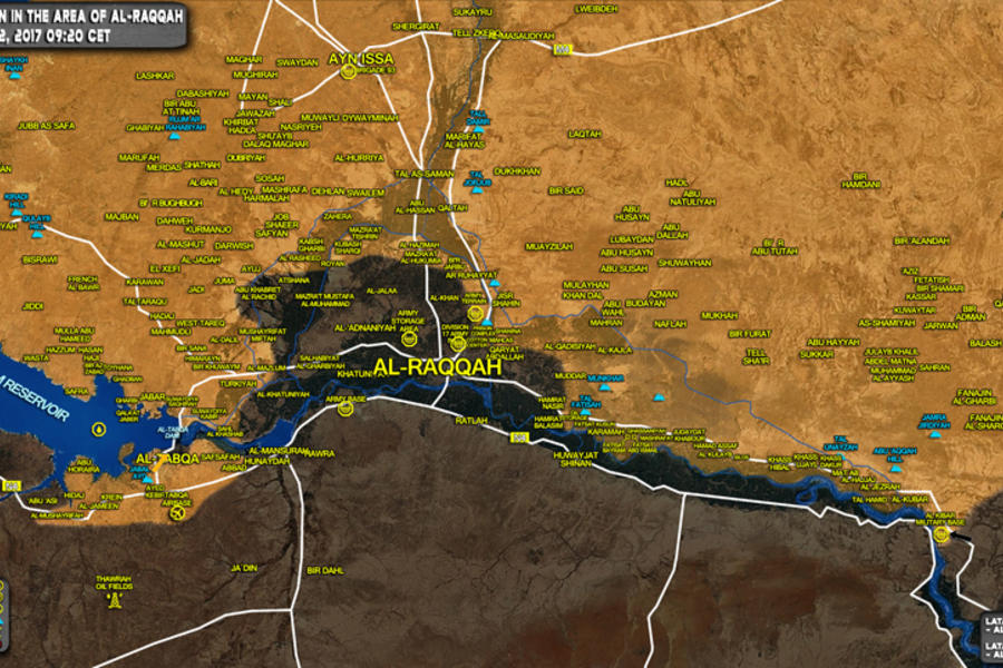 Frente de Raqqa (Prov. de Raqqa / Deir Ezzor), Mayo 02, 2017. Se observa el avance de kurdos SDF sobre DAESH en la ciudad de Tabqa - (Mapa SouthFront).