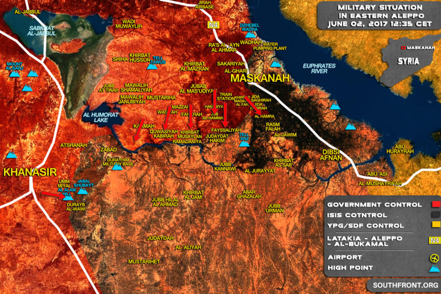 Frente del este de la Prov. de Alepo, Junio 2, 2017 - Detalle de avanzada leal y cerco a Maskanah - (Mapa SouthFront).