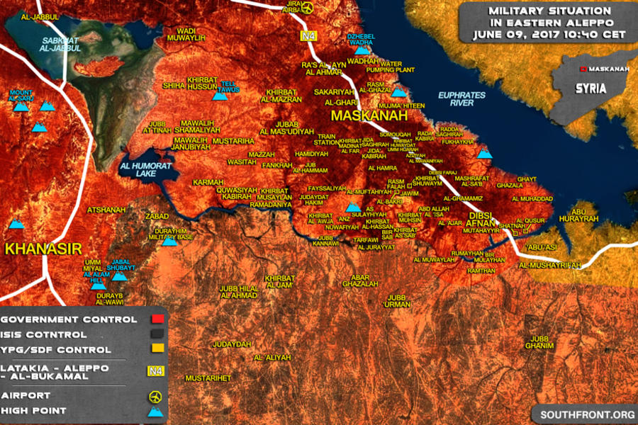 Frente del este de la Prov. de Alepo, Junio 9, 2017 - Avance leal sobre DAESH, al sur de Maskanah. Ingreso del EAS a Prov. de Raqqa – (Mapa SouthFront).