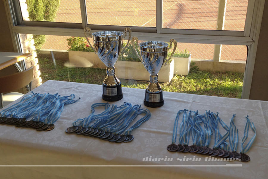 Las copas (Campeón y Sub-campeón), junto a las medallas (Campeón, Sub-campeón, Tercer Puesto) aguardando a sus destinatarios.