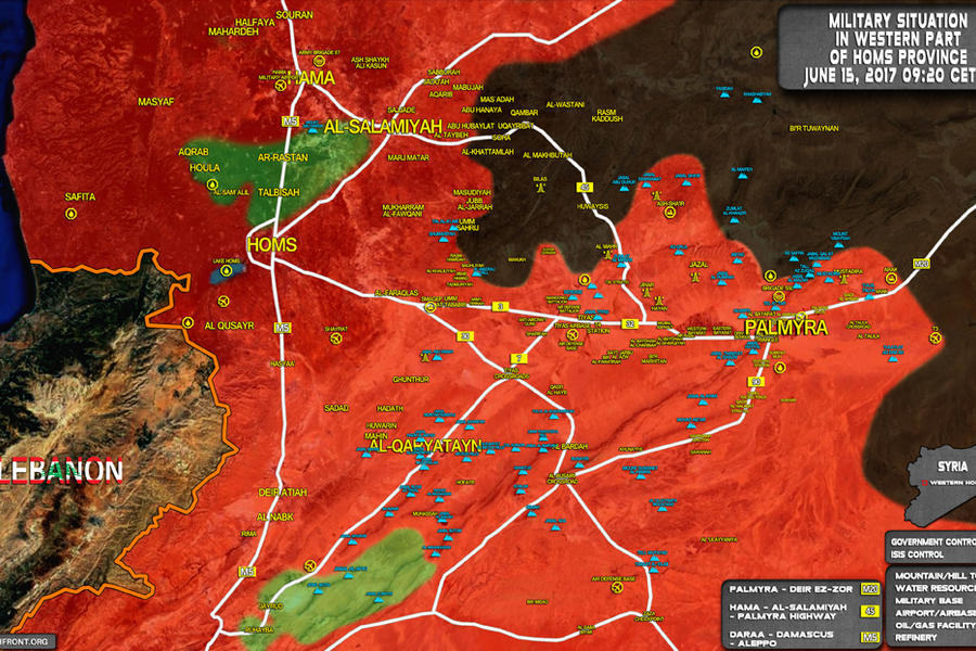 Frente de la Prov. de Homs, Junio 15, 2017. Se observa el avance del EAS sobre localidades al este de Palmira y norte de la base aérea T4 - (Mapa SouthFront).
